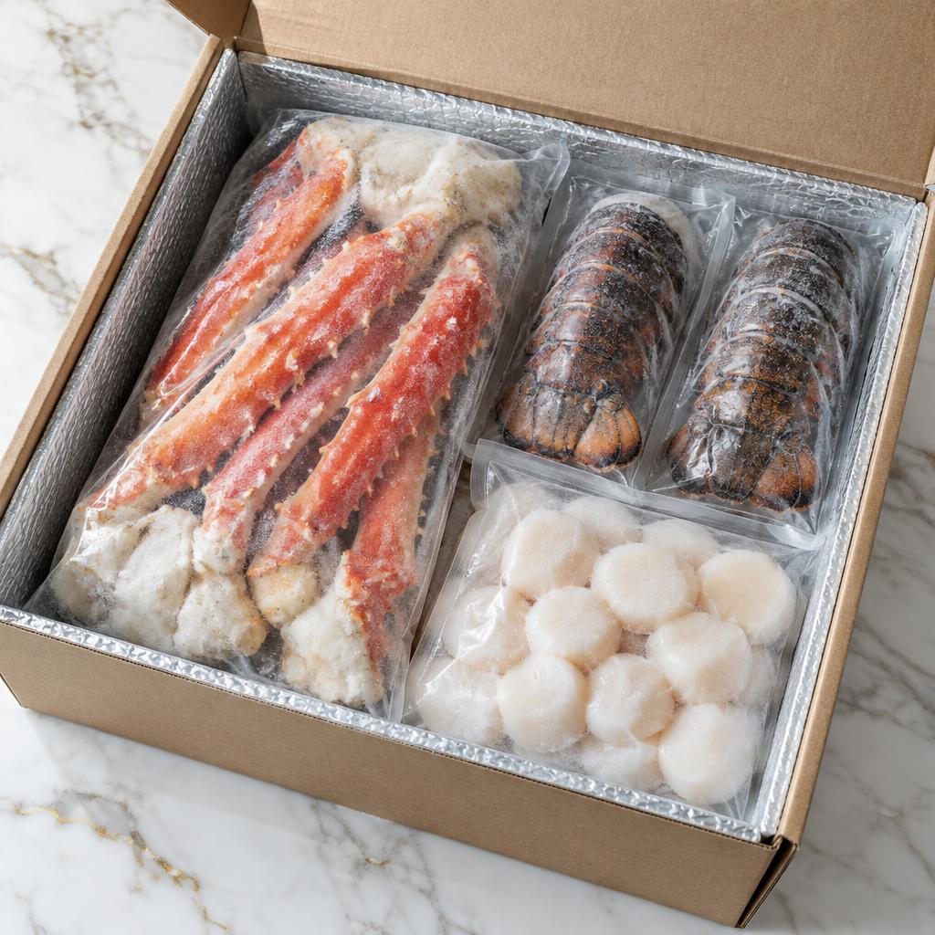 Packaged frozen king crab, lobster tails and scallops in an insulated box, without ice
