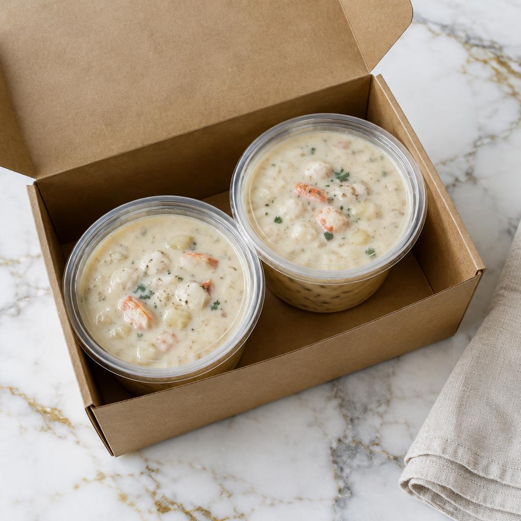 Two sealed tubs of seafood chowder in a takeaway box