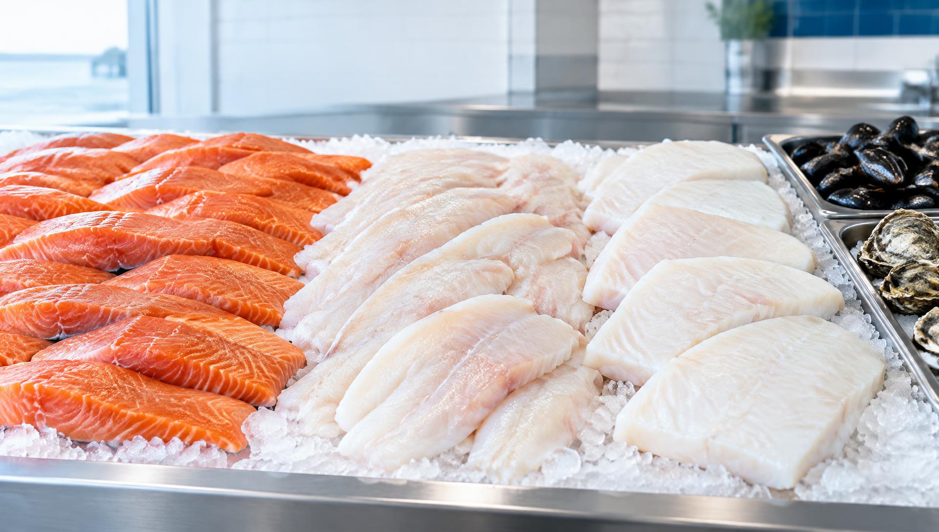 Salmon, haddock and halibut fillets on ice, alongside fresh mussels and oysters